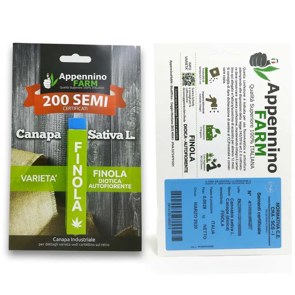 SEMI CERTIFICATI CANNABIS SATIVA L. VARIETÀ FINOLA ( DIOICA) Pack 200 semi 0,0028 kg netto